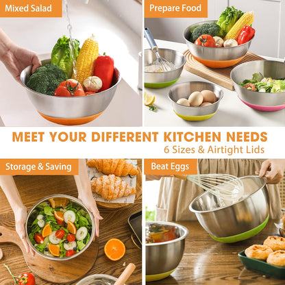 Umite Chef Mixing Bowls with Airtight Lids, 6 Piece Stainless Steel Metal Bowls, Measurement Marks & Colorful Non-Slip Bottoms Size 7, 3.5, 2.5, 2.0