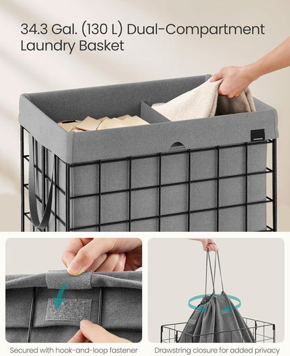 SONGMICS Laundry Hamper, 34.3 Gal. (130L) Laundry Basket, Collapsible Clothes Hamper, Removable and Washable Liner, Metal Wire Frame, for Bedroom Bathroom, Black and Gray ULCB113G01