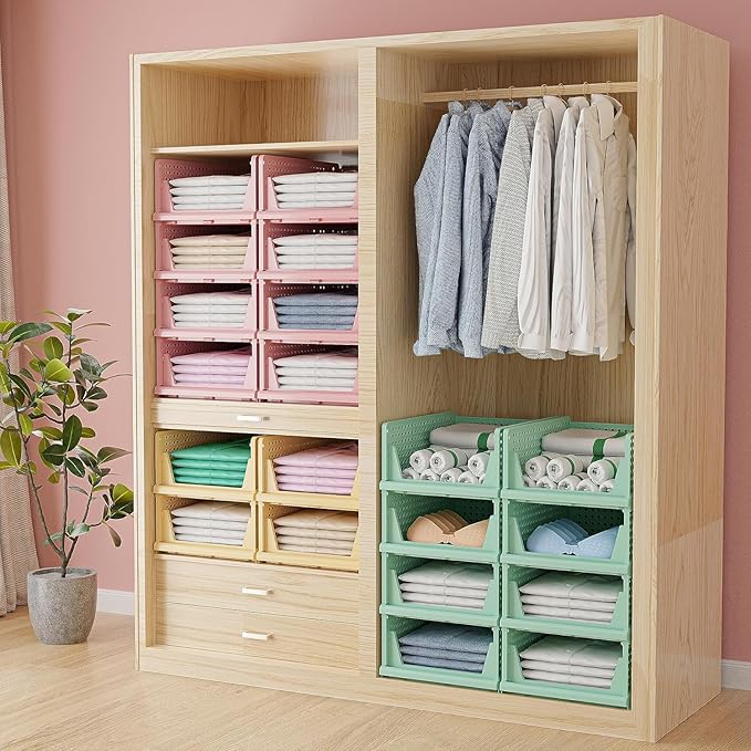 Stackable Wardrobe Organizer for Clothes - Multipurpose Foldable Plastic Closet Storage Organizer for Kitchen, Bedroom & Bathroom (Pack of 3, Yellow)
