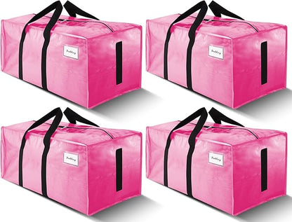 4 Pack Large Strong Moving Bags with Zippers & Carrying Handles - Water-Resistant - Heavy Duty Storage Tote for Space Saving, Fold Flat, Alternative to Moving Box (Pink)