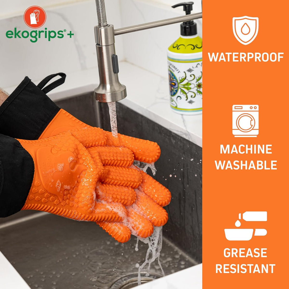 Ekogrips+ Premium Silicone Oven Mitts - Comfy, Waterproof, Heat Resistant BBQ Gloves for Grilling, Long Cuff for Added Protection, 5 Finger Dexterity