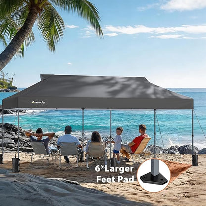 Amada 20x10 Pop Up Canopy Tent - Center Lock One Push Commercial Instant Canopies with 3-Height Adjustable & Wheeled Bag, 12 Stakes 6 Sandbags 6 Ropes, Great for Trade Shows, Events (20x10ft, Grey)