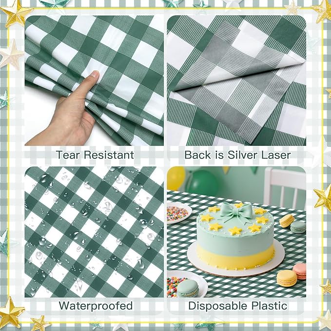 4 Pack Sage Green Striped Gingham Tablecloths, 54 x 108 Inch Disposable Plastic Rectangle Table Covers, Waterproof Checkered Sage Green Table Cloths for Picnic, Birthday, Party, Outdoor Events