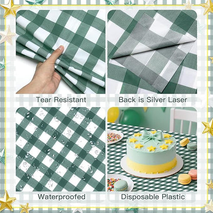4 Pack Sage Green Striped Gingham Tablecloths, 54 x 108 Inch Disposable Plastic Rectangle Table Covers, Waterproof Checkered Sage Green Table Cloths for Picnic, Birthday, Party, Outdoor Events