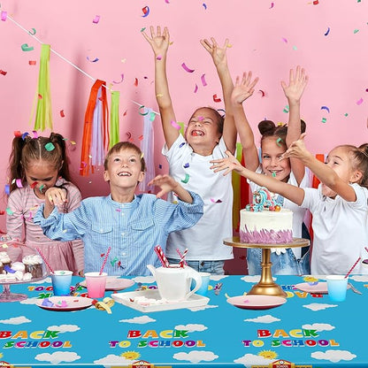 Back to School Supplies, 2 PCS 108 x 54 Inches First Day of School Tablecloth, Disposable Colorful Welcome Back to School Plastic Rectangle School Bus Pattern Tablecover for Preschool Party Decoration