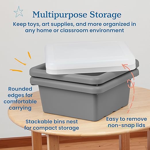 ECR4Kids Stackable Square Bins with Non-Snap Lids, Multipurpose Organization, Grey, 2-Pack