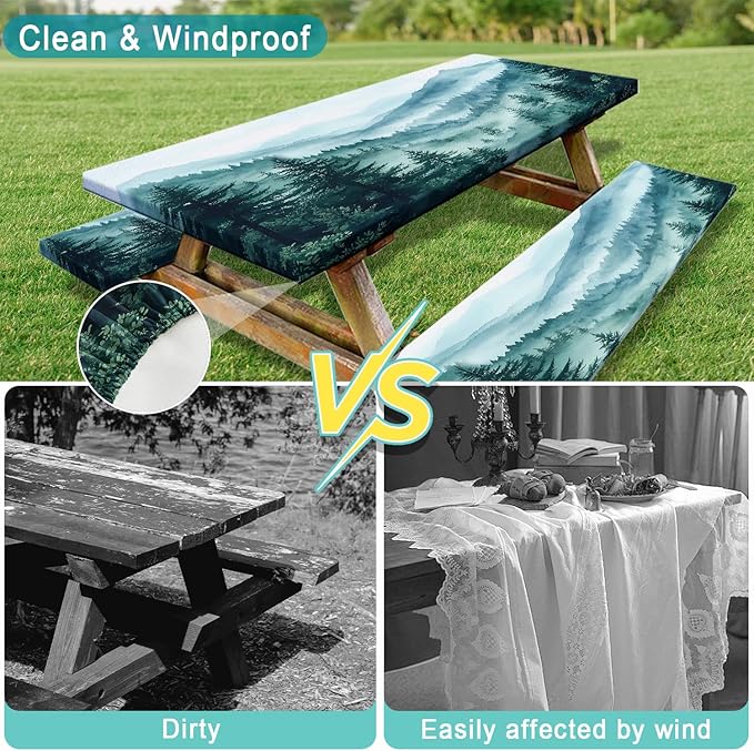 JAWO Green Forest Picnic Table Cover - Fitted Tablecloth with Elastic Edge,Camping Design for Outdoor Camping, BBQ Decor, 60x30 Inch