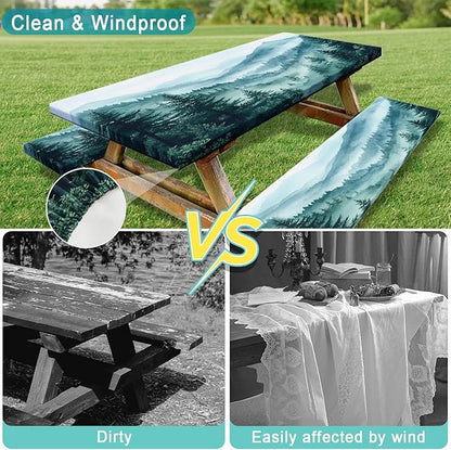 JAWO Green Forest Picnic Table Cover - Fitted Tablecloth with Elastic Edge,Camping Design for Outdoor Camping, BBQ Decor, 60x30 Inch