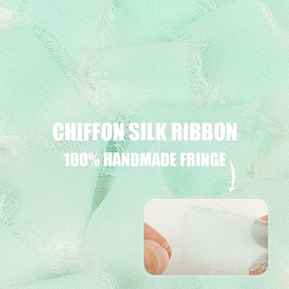 Aqua Chiffon Ribbon - 1 Inch x 21 Yards, Handmade Fringe, Silk, Boho Frayed, Dreamy Green for Gift Wrapping, Wedding Invitation, Bridal Flower Bouquets