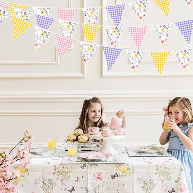 32Ft Wildflower Party Decorations Pink Purple Yellow Gingham Plaid Flowers Pennant Floral Banner Fabric Triangle Flag Garland Streamers for Easter Spring Summer Birthday Baby Shower Picnic Party Decor
