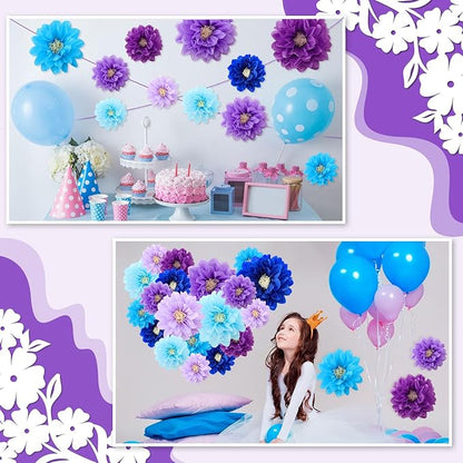 Geyee 18 Pcs Mexican Paper Flowers Colorful Fiesta Tissue Paper Flowers Pom Poms Mexican Carnival for Floral Party Backdrop Wedding Birthday Party Craft, 6" 8" 10"(Blue Purple Series)