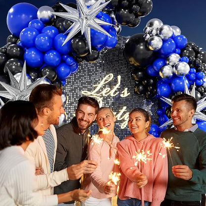 FOTIOMRG Royal Blue and Black Balloon Garland Arch Kit with 3pcs Star Balloon, Navy Blue Balloons Metallic Sliver Black Balloons for 30th 40th 50th Birthday Graduation New Years Party Decorations