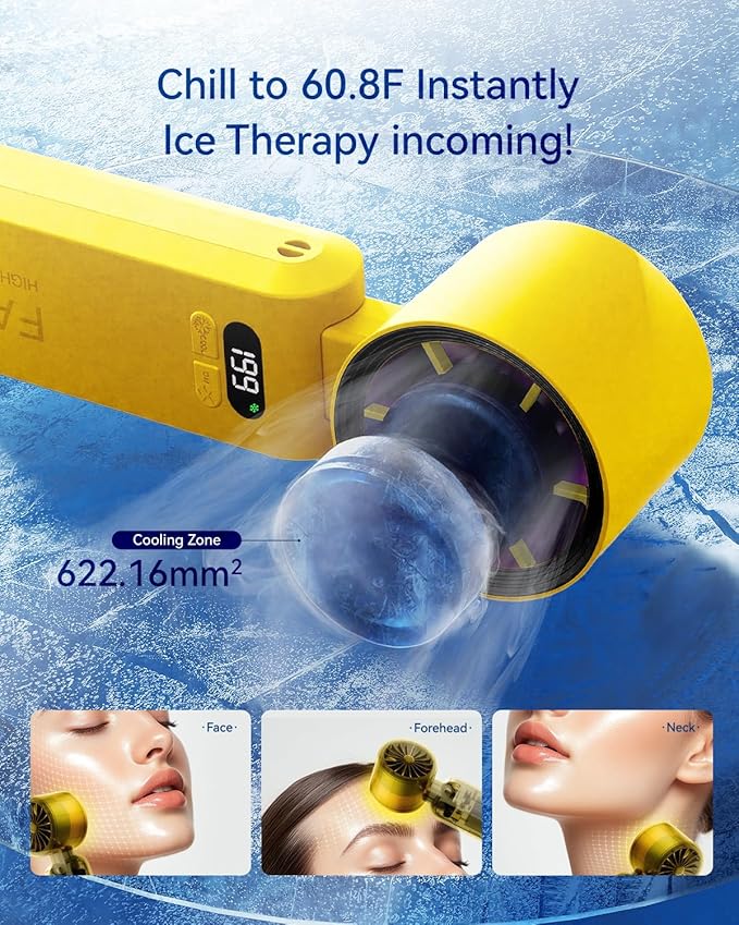 Handheld Portable Turbo Fan with Ice Cooler, Speed (1-199) 5500mAh Rechargeable Personal Fan,[20H Cooling Time] [20000 RPM] Small Pocket Fans for Travel/Outdoor/Office, Yellow