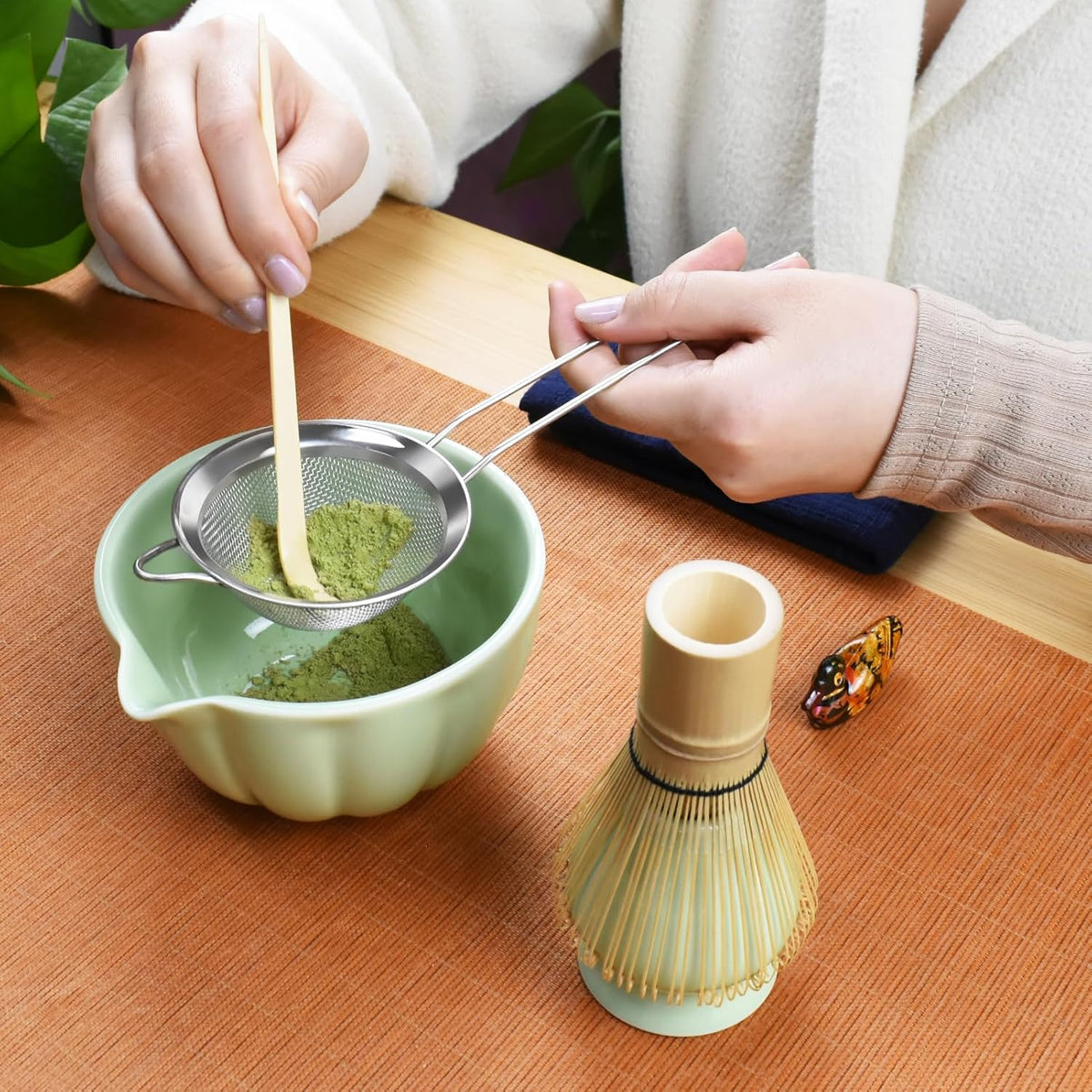 Artcome 7 Pcs Japanese Matcha Tea Set - Matcha Bowl with Pouring Spout, Matcha Whisk, Tea Scoop, Whisk Holder, Handmade Matcha Ceremony Kit For Japanese Tea Ceremony, Green