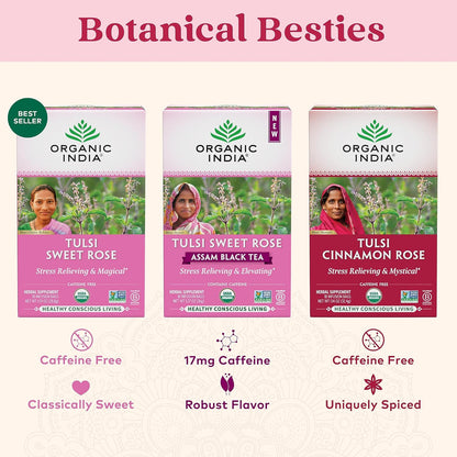Organic India Tulsi Cinnamon Rose Herbal Tea - Holy Basil, Stress Relieving &amp; Mystical, Immune Support, USDA Certified Organic, Supports Sugar Metabolism, Caffeine-Free - 18 Infusion Bags, 6 Pack