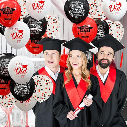 75 Pack Graduation Party Decorations Balloons Set - 12 Inch Black Red Confetti Grad Balloons with Ribbons for Graduation Party Decoration Supplies