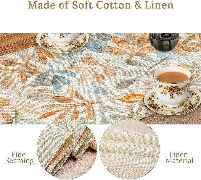 Fall Eucalyptus Leaf Table Runner, Autumn Orange Blue Leaves Harvest Thanksgiving Table Runner for Holiday Dining Room Kitchen Table Party Decoration, 13x90inch