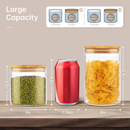 32oz & 21oz - 4 Pack Glass Jars with Bamboo Lids, Glass Pantry Storage Containers with Airtight Lids