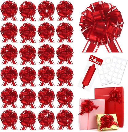 24pcs Red Pull Bow for Gift Basket Wrapping Xmas Gift Bows Presents Adhesive Wrap Ribbon Bow for Christmas Tree Bottles Bouquet Flower Valentine's Day Party Decor (Red-G)