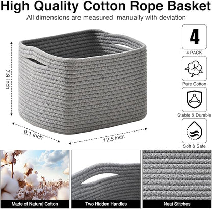 ICERZCZ Small Storage Baskets for Shelves Organizing, Woven Cotton Rope Baskets for Storage, Book Basket, Decorative Shelf Basket, 12.5"Lx9.1''Wx7.9''H (4 Packs) Grey