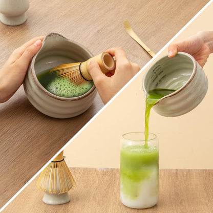2pcs Matcha Bowl with Whisk Holder, Ceramic Grey Matcha Bowl with Spout, 16.5OZ Porcelain Bowl with Measurement Marks, Tea Mixing Bowl with Whisk Stand, Matcha Gift Set (grey)