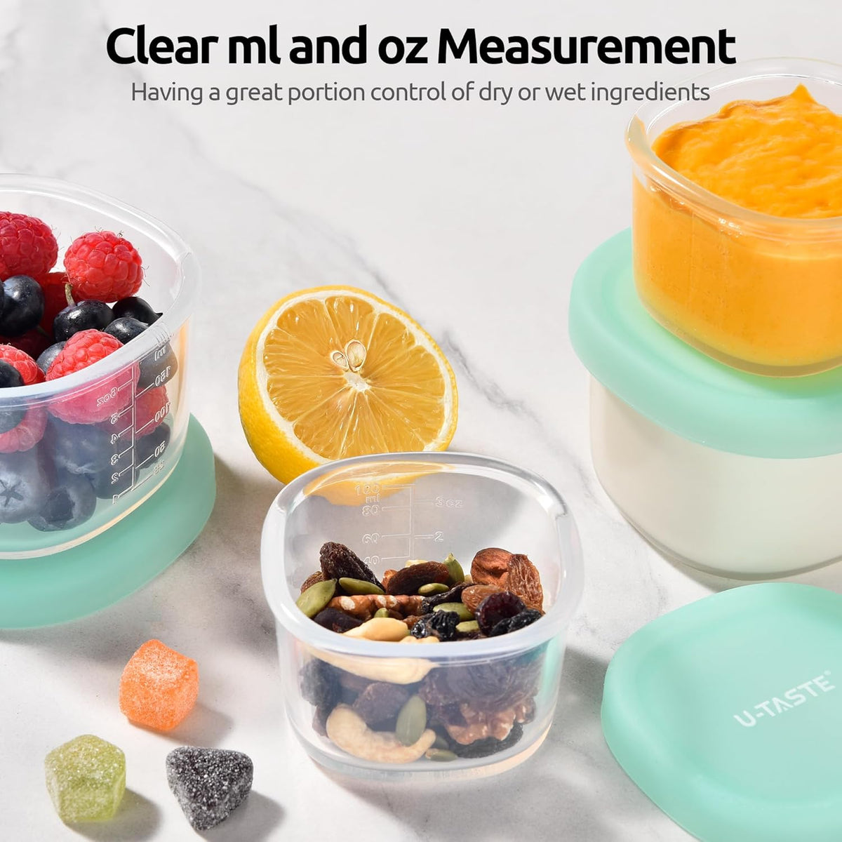 U-Taste 3oz 6oz Small Storage Containers: Food Grade Liquid-Silicone Freezer Box with Airtight Lid, Microwave Safe with Clear Measurements