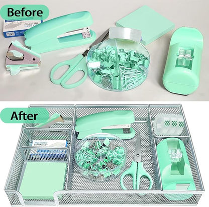 Green Office Desk Accessories, Green Office Supplies Set, Desk Drawer Organizer,Stapler and Tape Dispenser Set,Tape,Staple Remover, Staples, Paper Clips, Scissor and Sticky Note