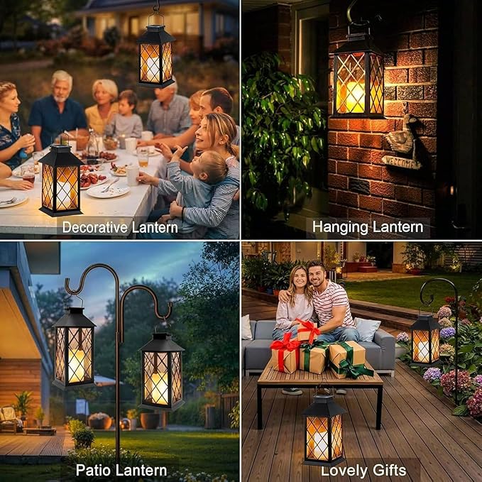 Solar Lanterns Outdoor Waterproof, Flickering Candles Hanging Solar Lights for Outside Garden Patio Wall Porch Decorative, Lamp with Upgraded Solar Panel, Tempered Glass & Clip, Black 2 Pack