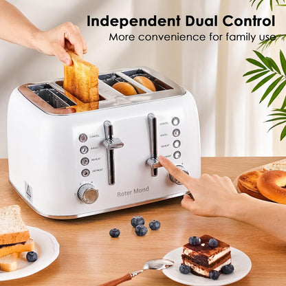 Toaster 4 Slice Retro Stainless Steel with Extra Wide Slots Bagel, Defrost, Reheat Function, Dual Independent Control Panel, Removable Crumb Tray, 6 Browning Levels, White