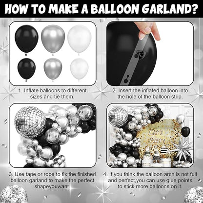 Black Silver Disco Ball Balloons Arch Kit, Black Silver Clear Balloons Garland with Large Disco Balls and Explosion Star Foil Balloons, for Disco Dance Diamond Birthday Graduation New Year Decoration