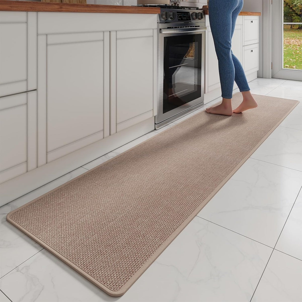 Kitchen Mats for Floor, Super Absorbent Kitchen Rugs Non Slip Washable, Soft Imitation Linen Braided Kitchen Runner Rug, Standing Mat Kitchens Sink Mat, Easy to Clean, Brown 17x95