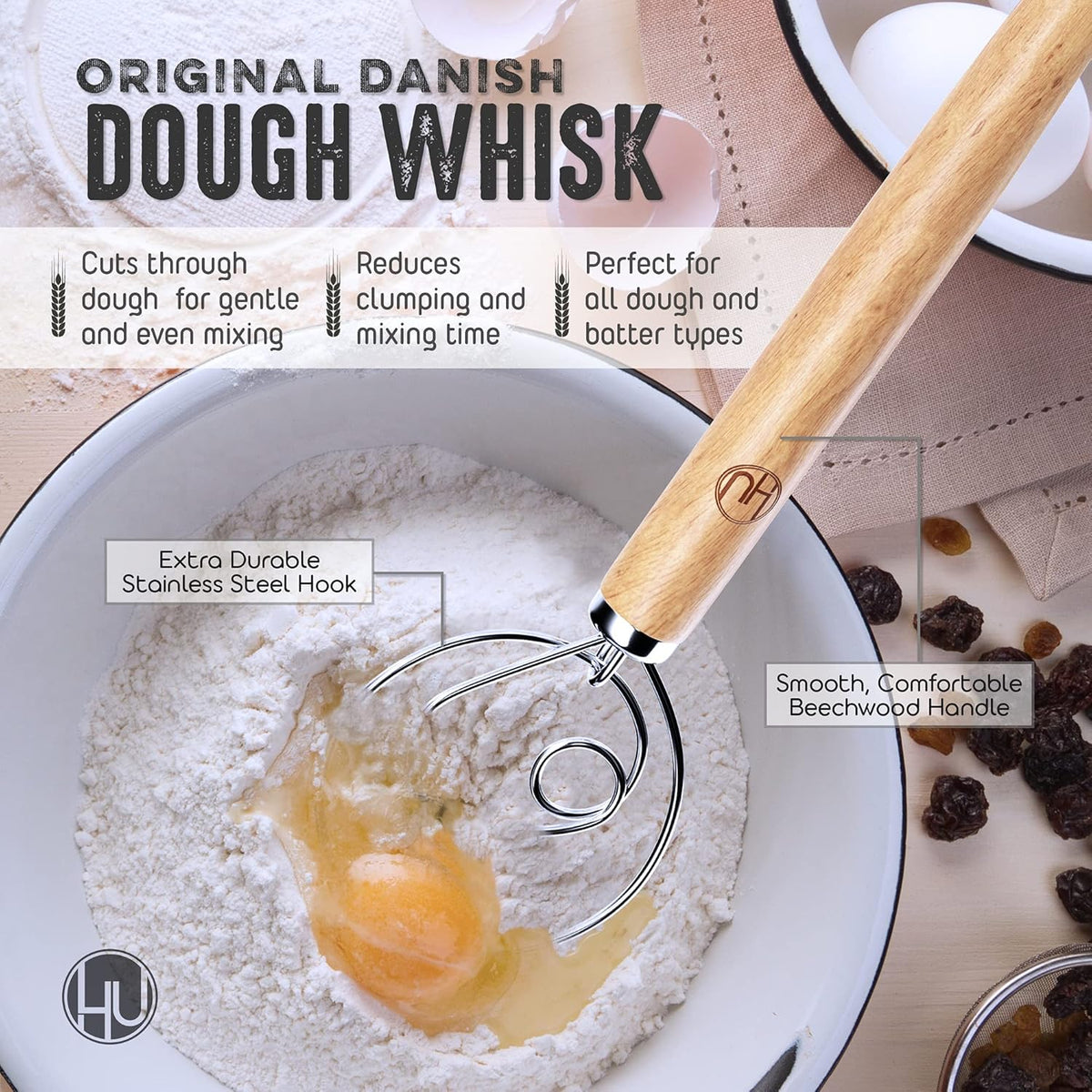 LHU Bread Making Tools and Supplies - Set of 3 - Danish Dough Whisk, Bread Lame, Bench Scraper - Dough Hook with Bread Scraper, Lame Bread Tool, Blades - Great for Baking Sourdough, Pizza, Pastry