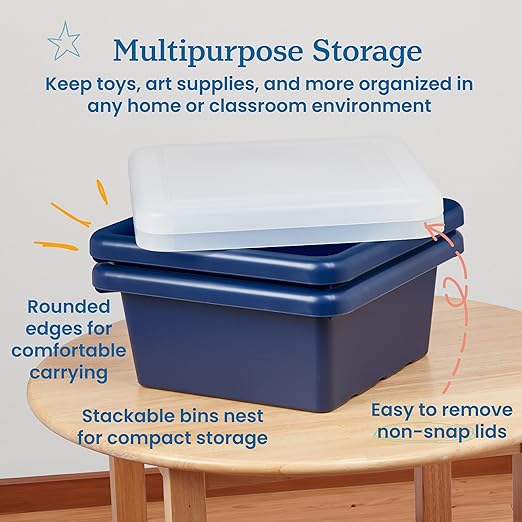 ECR4Kids Stackable Square Bins with Non-Snap Lids, Multipurpose Organization, Navy, 2-Pack