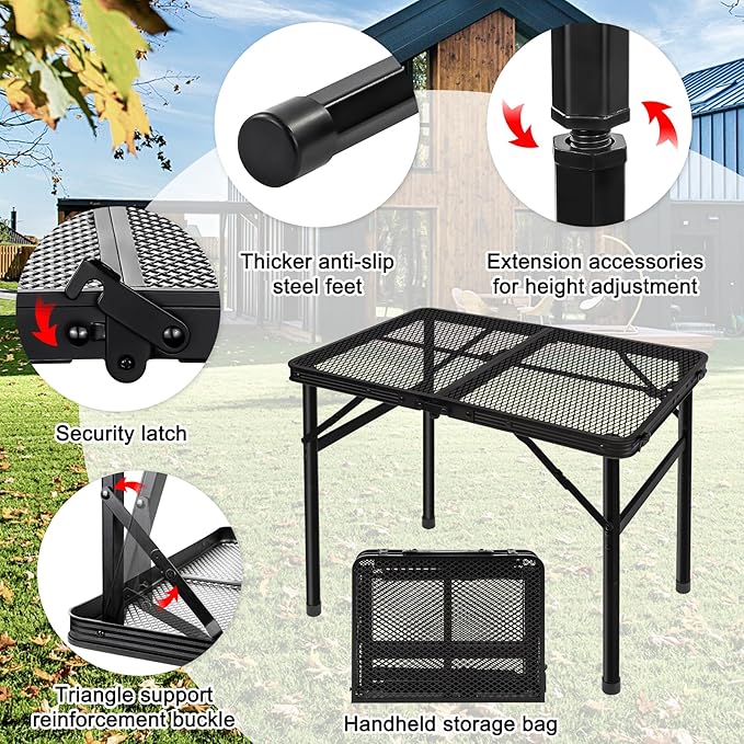 Folding Grill Table Camping Table with Mesh Desktop, Lightweight & Portable Outdoor Picnic Table, Height Adjustable Portable for Outside Inside Use
