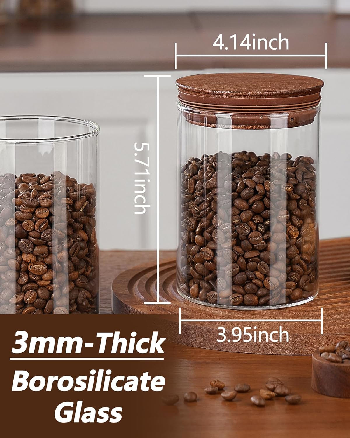 27oz Coffee Canister with Scoop and Wooden Lids, Airtight Coffee Grounds Container Set of 2 for Coffee Bar Organizer