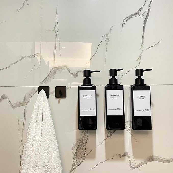 Shampoo Dispenser for Shower Wall, Shampoo and Conditioner Dispenser with 16 Waterproof Labels, No Drill Shower Soap Dispenser Bathroom, Shower Soap Dispenser Wall Mounted 3 Chamber, 17oz,Black