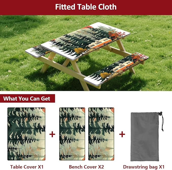 Picnic Table Cover with Bench Covers 6FT 3PCS, Camping Essentials Waterproof Windproof Tablecloth with Drawstring Bag, Fitted Rectangle Tables and Seats, 72", RV Serenity