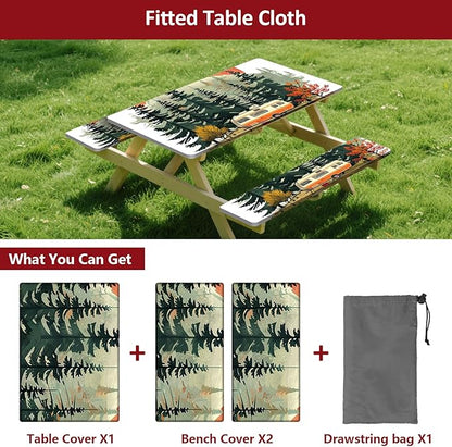 Picnic Table Cover with Bench Covers 6FT 3PCS, Camping Essentials Waterproof Windproof Tablecloth with Drawstring Bag, Fitted Rectangle Tables and Seats, 72", RV Serenity