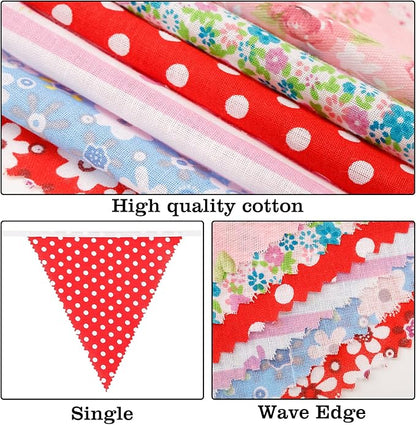 jijAcraft 39Ft Triangle Bunting Banner, 42Pcs Tea Floral Party Bunting Cotton Fabric Flags Pennant Garlands for Birthday Party, Wedding, Baby Shower, Outdoor and Home Decoration(Red Blue and White)
