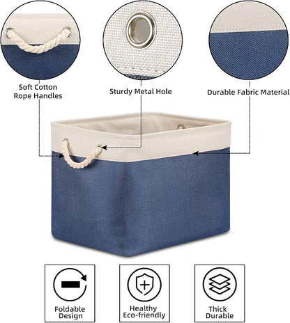 Bidtakay Fabric Storage Baskets with Handles for Organizing 16" x 11.8" x 11.8" Navy Blue Baskets [2-Pack] Shelf Baskets Large Canvas Collapsible Bins for Closet (White&Blue)