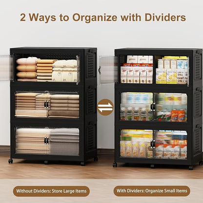 SAILUN 145Gal/579Qt Stackable Storage Bins Folding Collapsible Storage Bins with Lid, Closet Organizers and Storage Box with Door Black 33.5" W x 19" D x 53" H