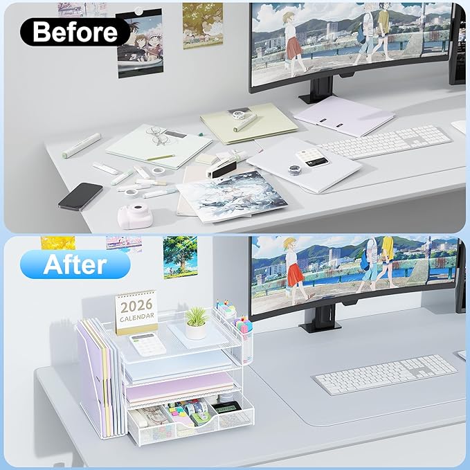 gianotter Desk Organizers and Accessories with File Holder, 4-Tier Desk Accessories & Workspace Organizers with Drawer and 2 Pen Holder, Paper Organizer for Office Supplies (White)