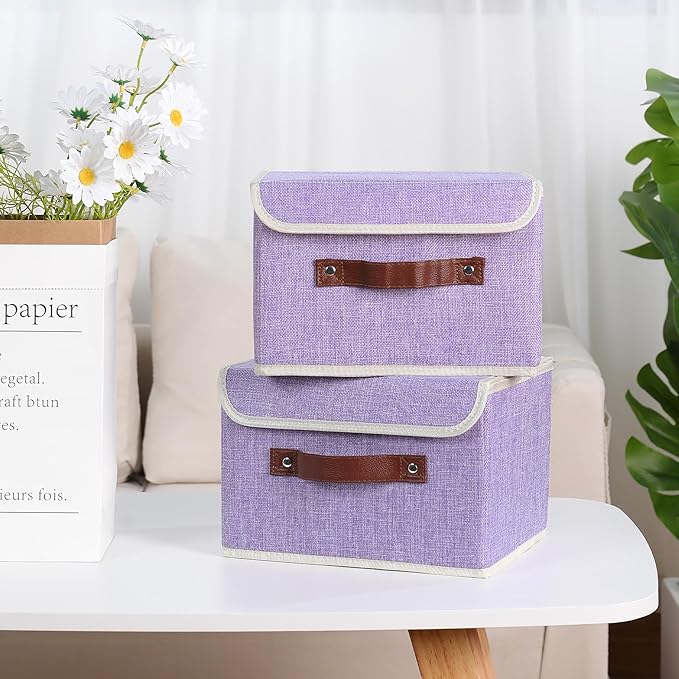 ANMINY 2PCS Storage Bin with Lid Storage Boxes with PU Leather Handles PP Plastic Board Decorative Foldable Lidded Cotton Linen Fabric Home Cubes Baskets Closet Organizer Container - Purple, Medium