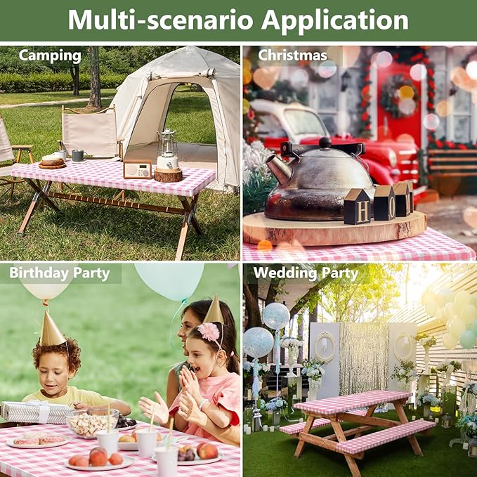 Picnic Table Cover with Bench Covers and Bag, Camping Table Camping Essentials Cover with Elastic Edges(Pink)