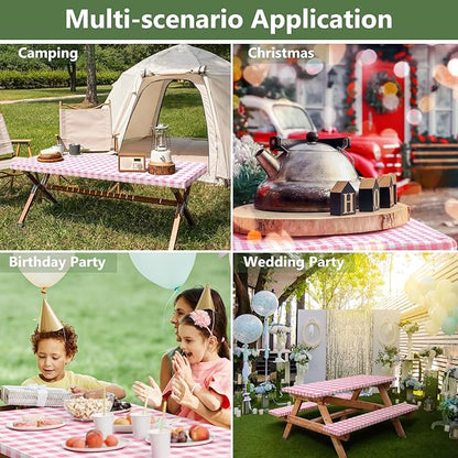 Picnic Table Cover with Bench Covers and Bag, Camping Table Camping Essentials Cover with Elastic Edges(Pink)
