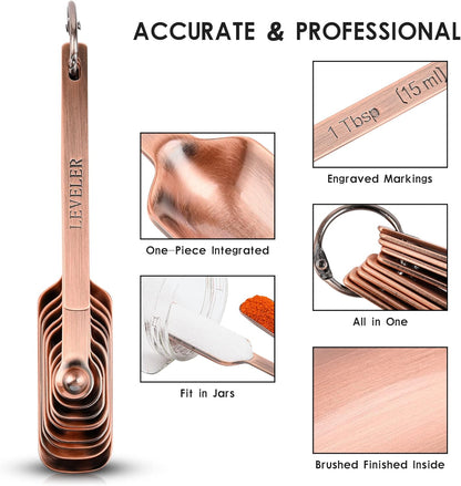 Copper Measuring Spoons Set, Stainless Steel Measuring Spoons Set 10, Metric&US Long Handle Measure Spoons for Kitchen&Baking