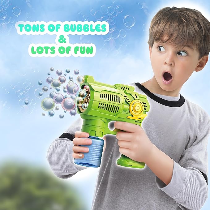 2-Pack Bubble Gun Set with Batteries – Automatic Bubble Blower Toys for Kids & Toddlers | 1 Blue + 1 Green Bubble Shooter with Solution Included | Outdoor Fun & Ready to Play