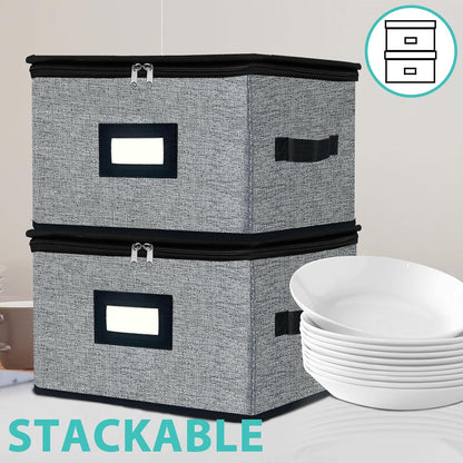homyfort China Storage Containers - Dinner Plate Storage with Lid, Handles, Hard Shell Dinnerware Protectors for Moving Bowls, Saucer, Padded Protective Storage, 12x12, 2 Pack