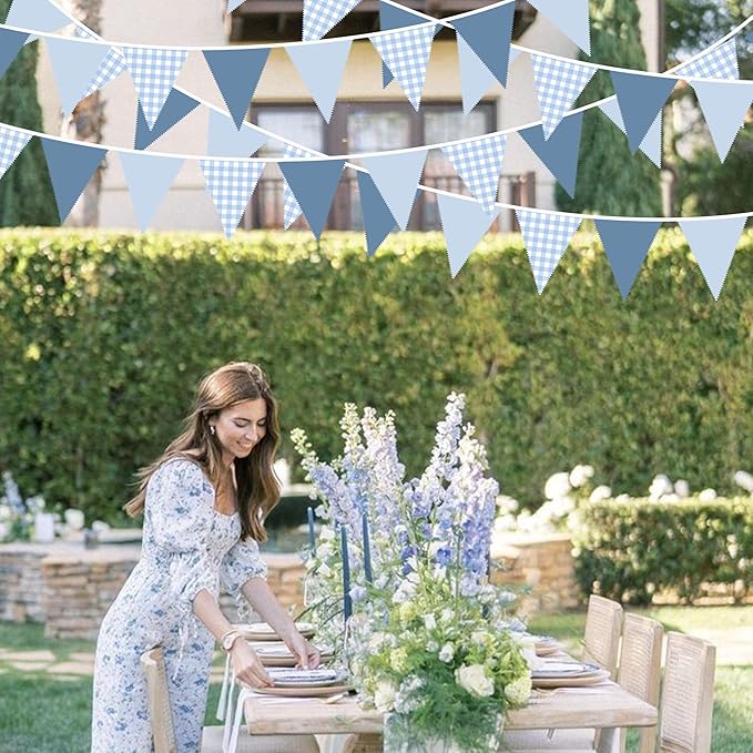32Ft Dusty Blue Party Decorations Retro Blue Gingham Triangle Banner Flag Pennant Fabric Garland Streamers for Nautical Wedding Birthday Ahoy Achor Bridal Baby Shower Under The Sea Decor Supplies