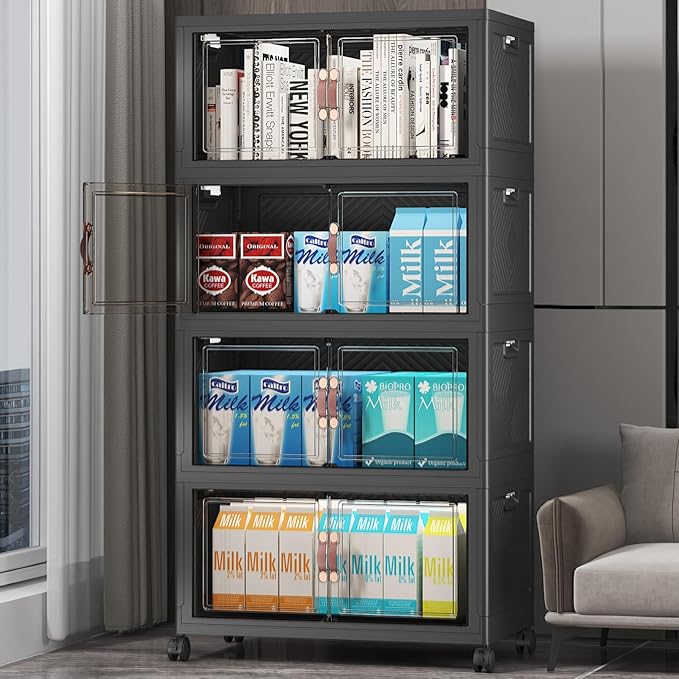 UAMFURI 192QT Lockable Storage Bins with Lids - Stackable Storage Cabinet with Doors and Wheels, Collapsible Plastic Organizer and Containers for Closets, Office, 4 Pack Cubes